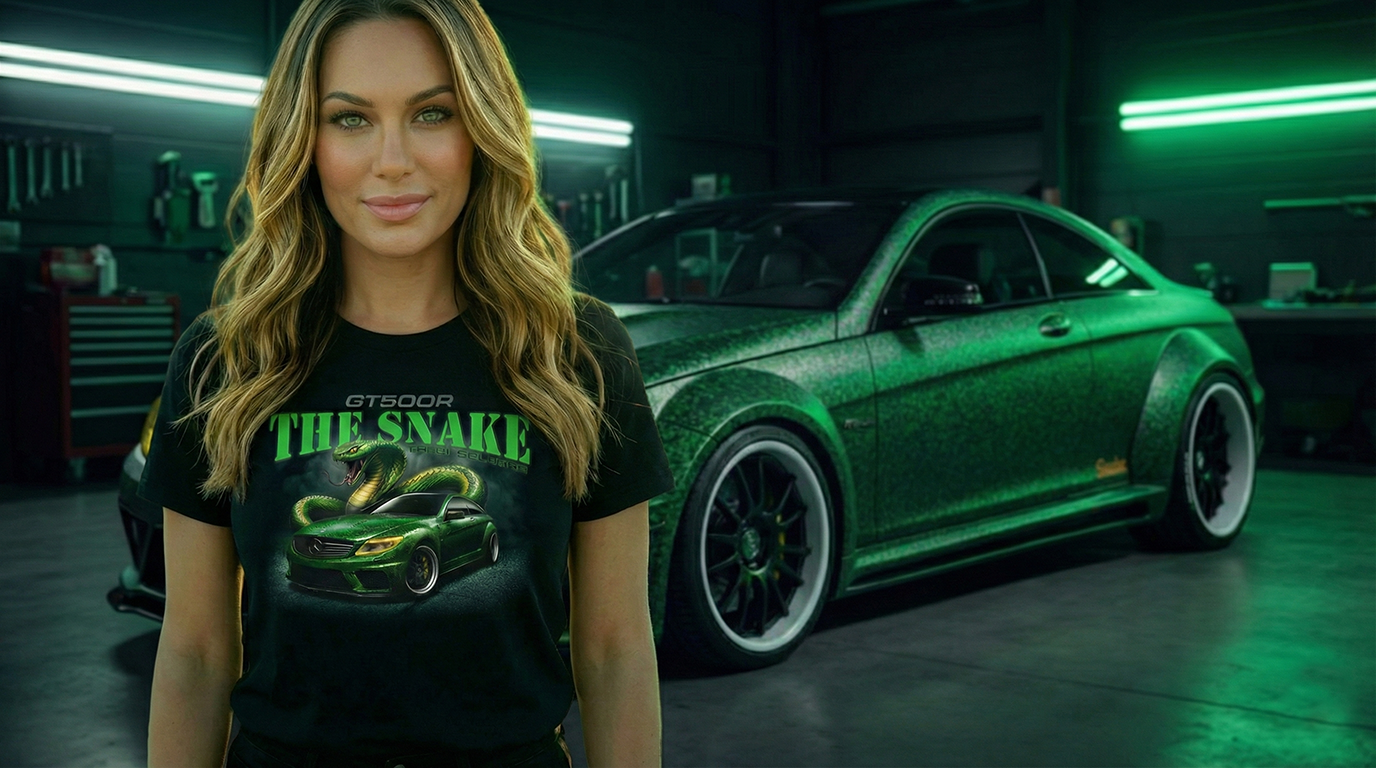 Concours Mercedes GT500R Snake - Lali devant la voiture avec T-shirt collector